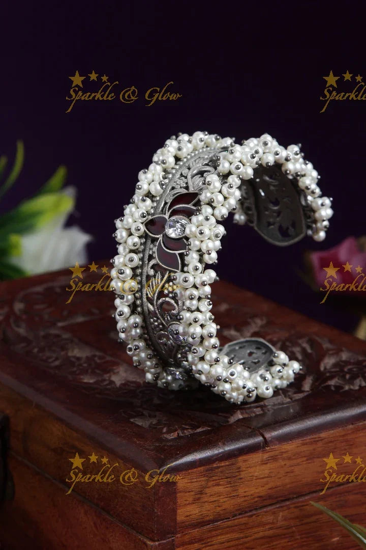 Lotus Pearl Kada Bracelet - Ethnic Indian Style