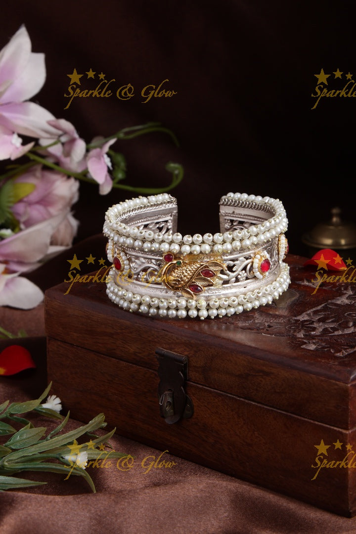 SLA Statement Peacock dual tone kada with pearl cluster beads