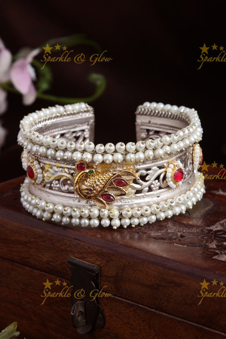 SLA Statement Peacock dual tone kada with pearl cluster beads