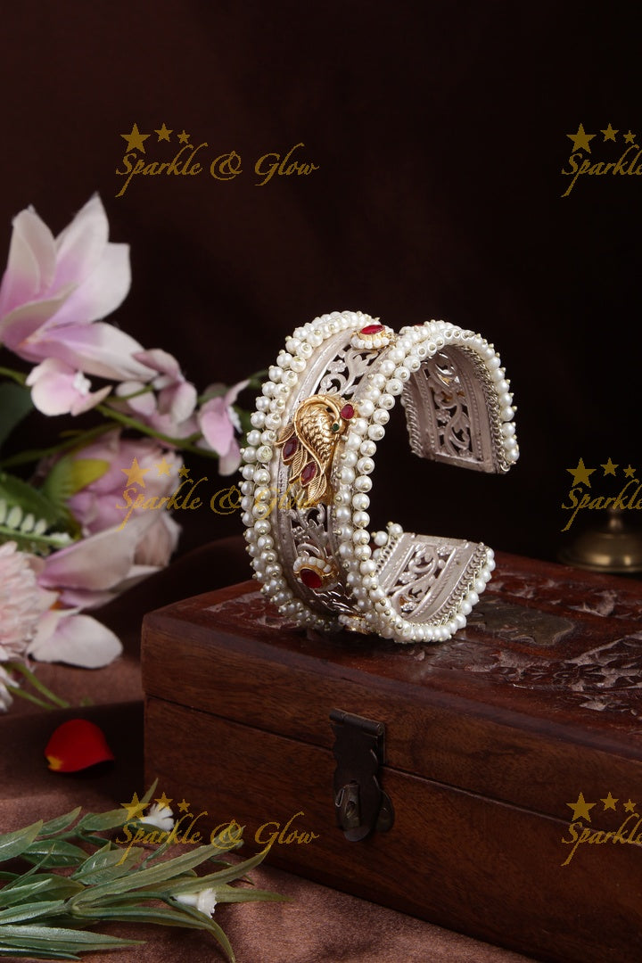 SLA Statement Peacock dual tone kada with pearl cluster beads