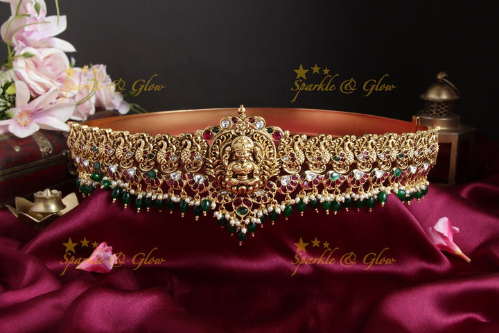 Beautiful Lakshmi Gold alike Hipbelt with kemp and white stones and green beads