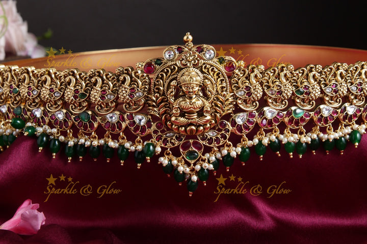 Beautiful Lakshmi Gold alike Hipbelt with kemp and white stones and green beads