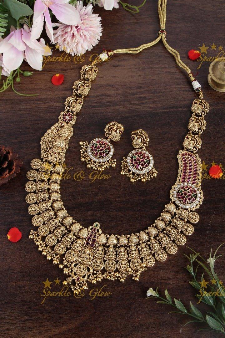 Grand Bridal Gold alike Lakshmi coin haram with green beads - Sparkle and Glow