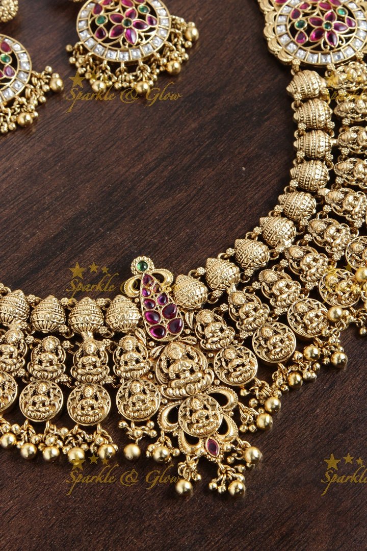 Grand Bridal Gold alike Lakshmi coin haram with green beads - Sparkle and Glow - Green - Back Thread