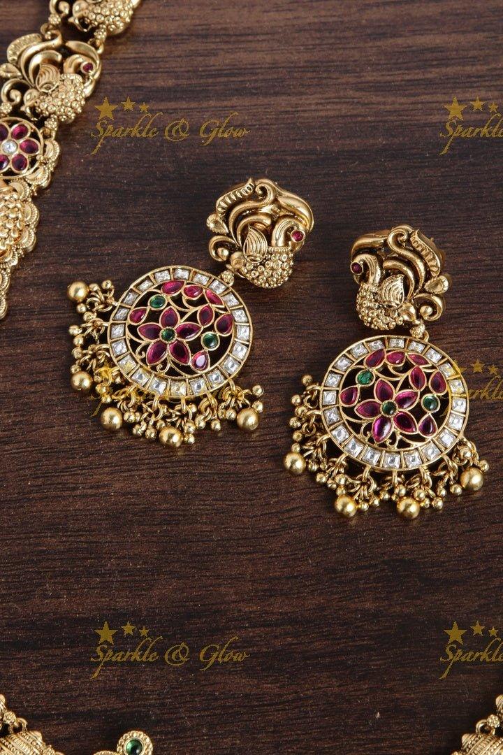 Grand Bridal Gold alike Lakshmi coin haram with green beads - Sparkle and Glow