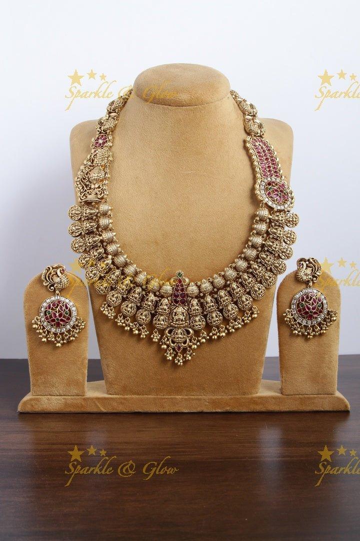 Grand Bridal Gold alike Lakshmi coin haram with green beads - Sparkle and Glow