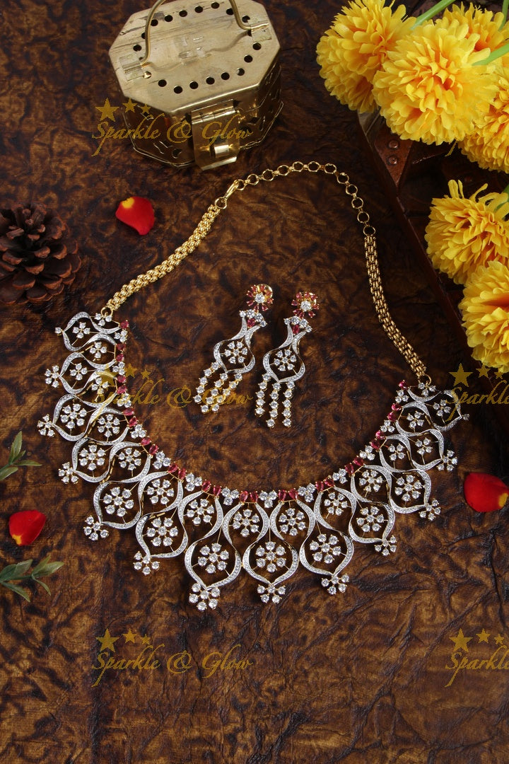 Gorgeous Two tone floral AD necklace with wine pink stones
