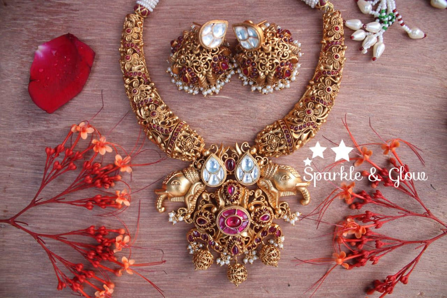 Kundan stone intricate work elephant design pipe choker - White Pink - Sparkle and Glow
