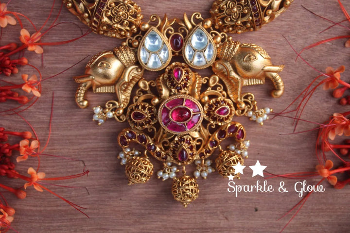 Kundan stone intricate work elephant design pipe choker - White Pink - Sparkle and Glow