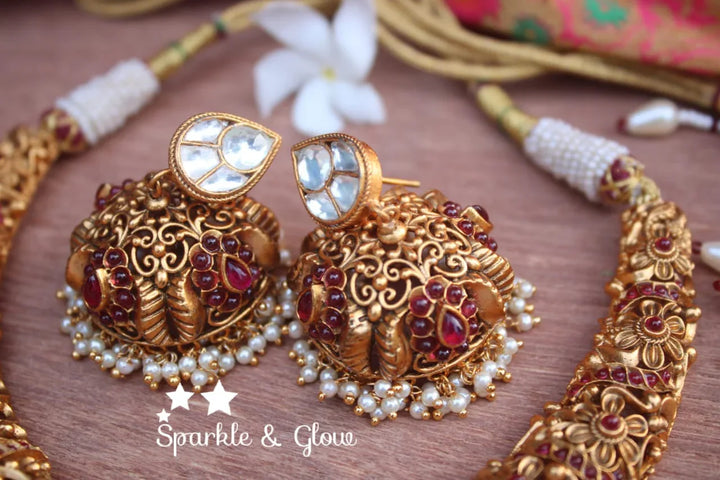 Kundan stone intricate work elephant design pipe choker - White Pink - Sparkle and Glow