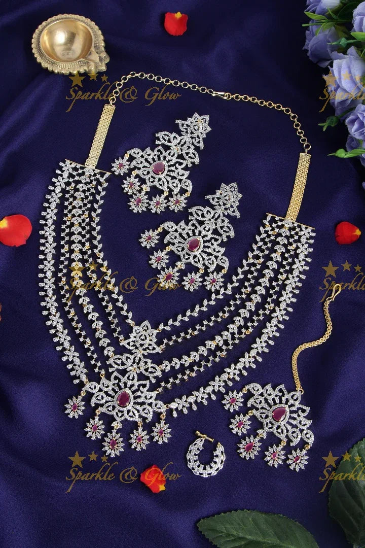 Gorgeous layered pink AD necklace set with tikka and nosepin - Sparkle and Glow