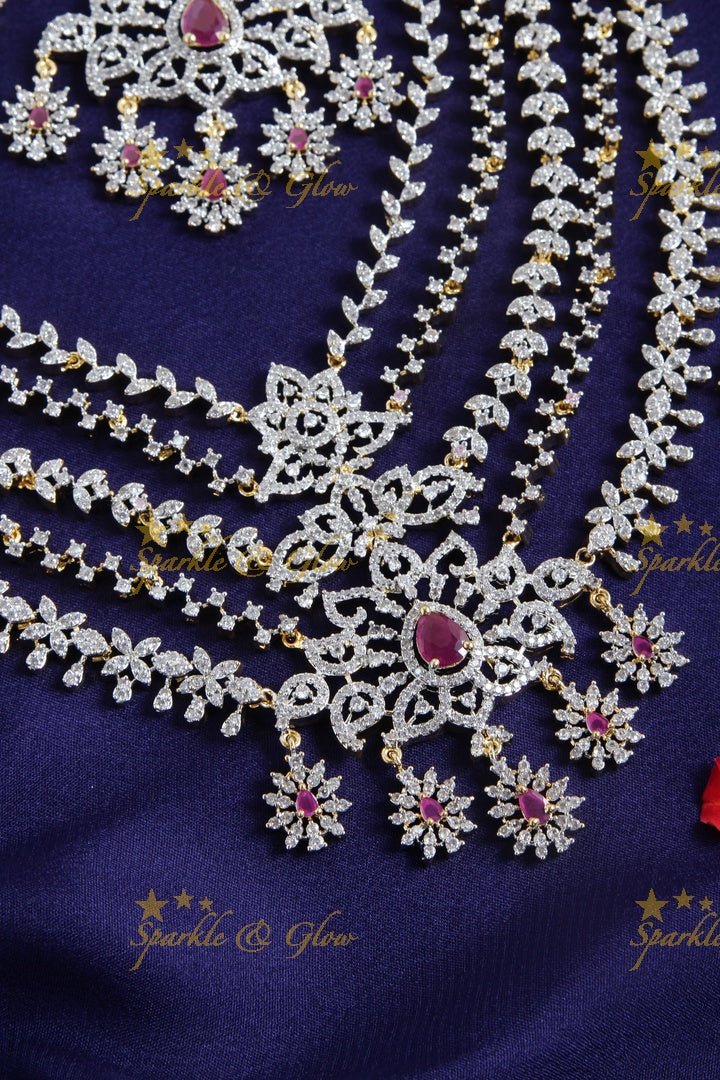 Gorgeous layered pink AD necklace set with tikka and nosepin - Sparkle and Glow - Back Thread - 