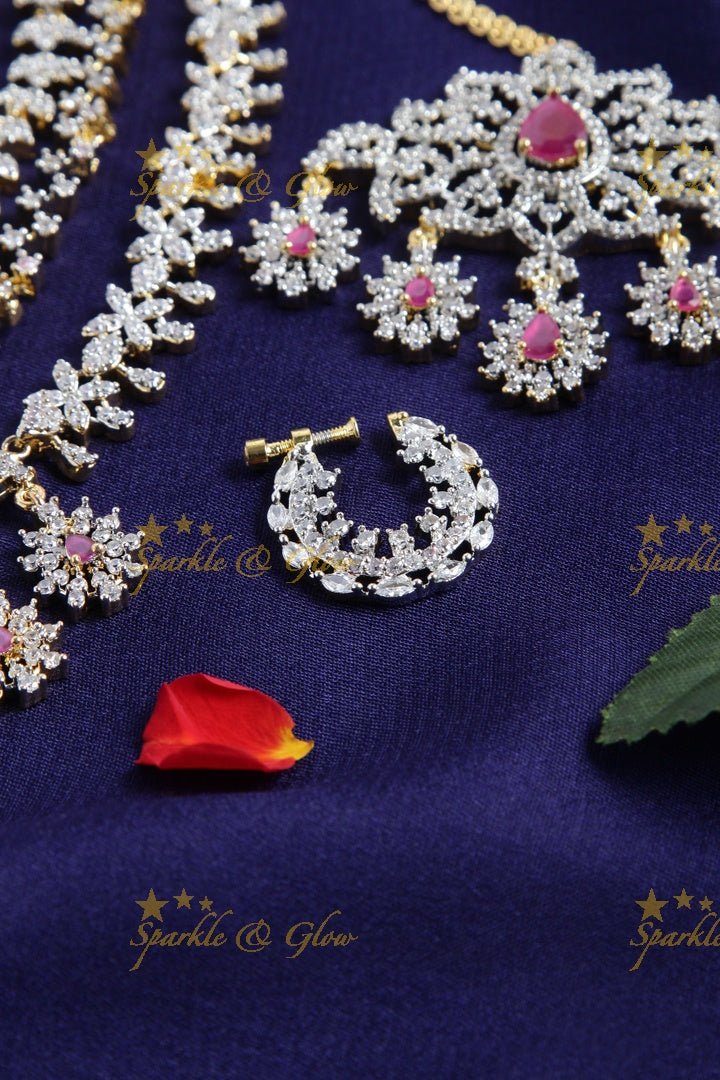 Gorgeous layered pink AD necklace set with tikka and nosepin - Sparkle and Glow - Back Thread - 