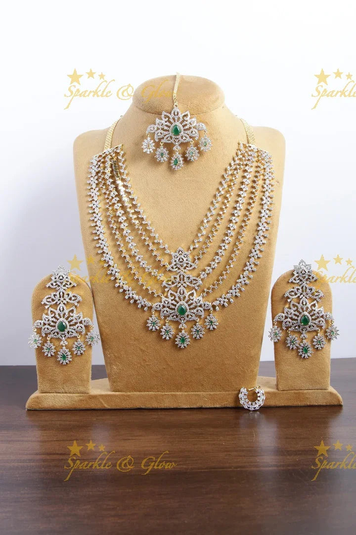 Gorgeous layered pink AD necklace set with tikka and nosepin - Sparkle and Glow
