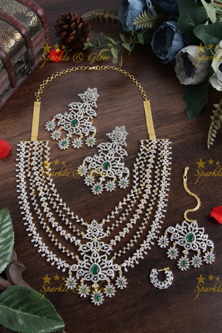 Gorgeous layered pink AD necklace set with tikka and nosepin - Sparkle and Glow