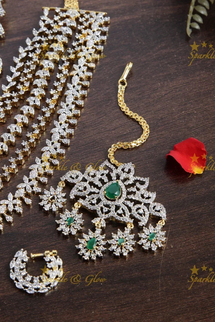 Gorgeous layered pink AD necklace set with tikka and nosepin - Sparkle and Glow