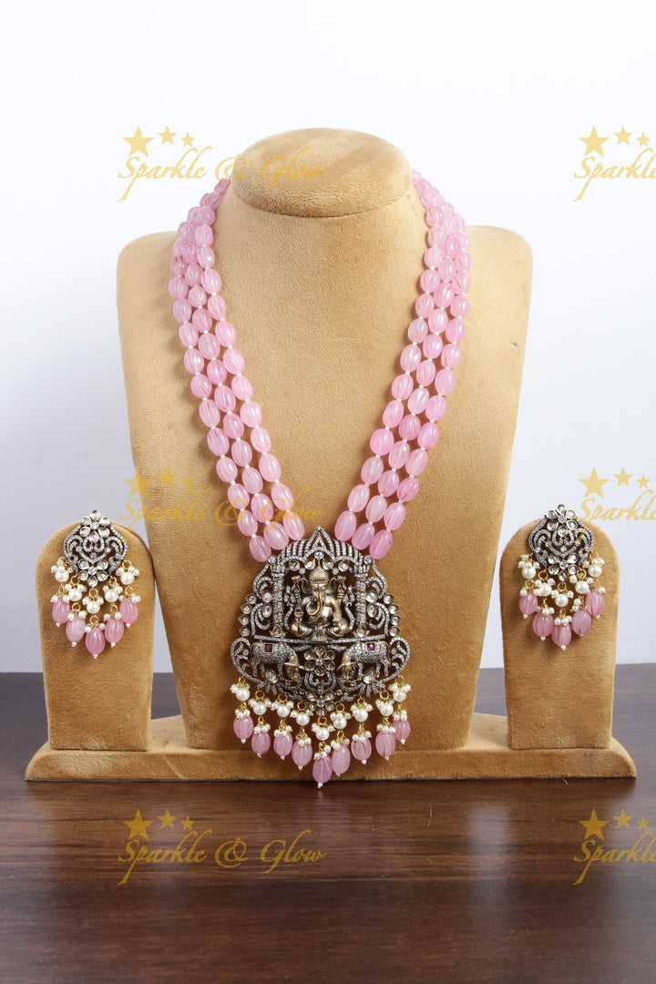 Pink beads Ganesha pendent Victorian AD Haram