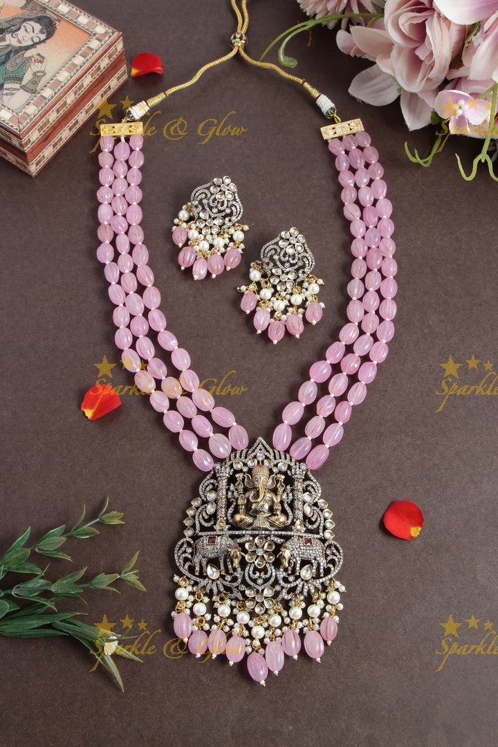 Pink beads Ganesha pendent Victorian AD Haram