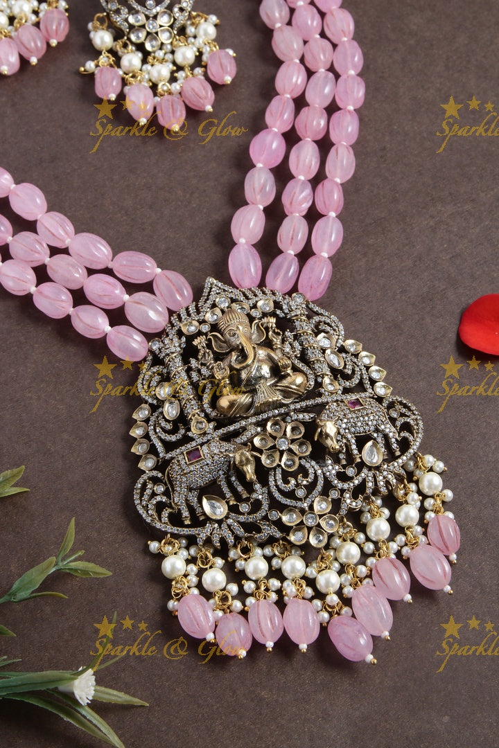 Pink beads Ganesha pendent Victorian AD Haram