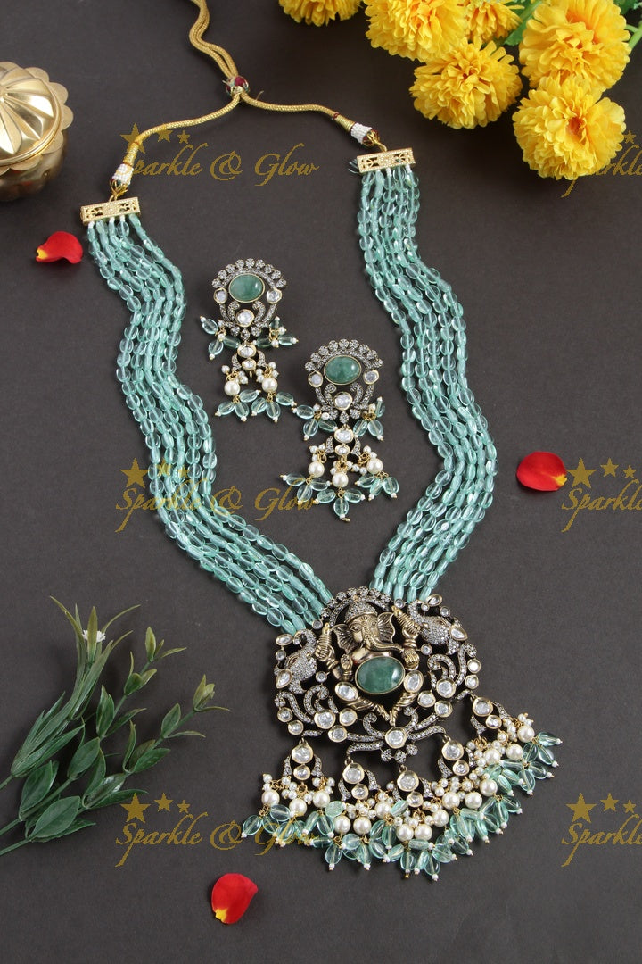 Peacock and Ganesha Carved Vicroian AD Beaded haram - Navy Blue