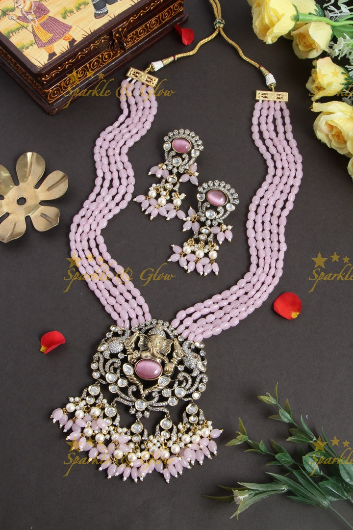 Peacock and Ganesha Carved Vicroian AD Beaded haram - Pink