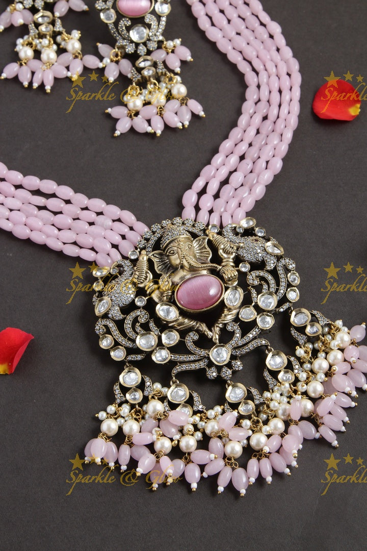 Peacock and Ganesha Carved Vicroian AD Beaded haram - Pink