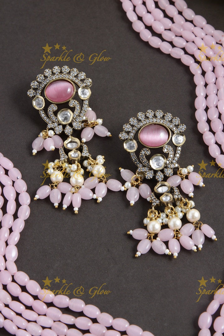 Peacock and Ganesha Carved Vicroian AD Beaded haram - Pink