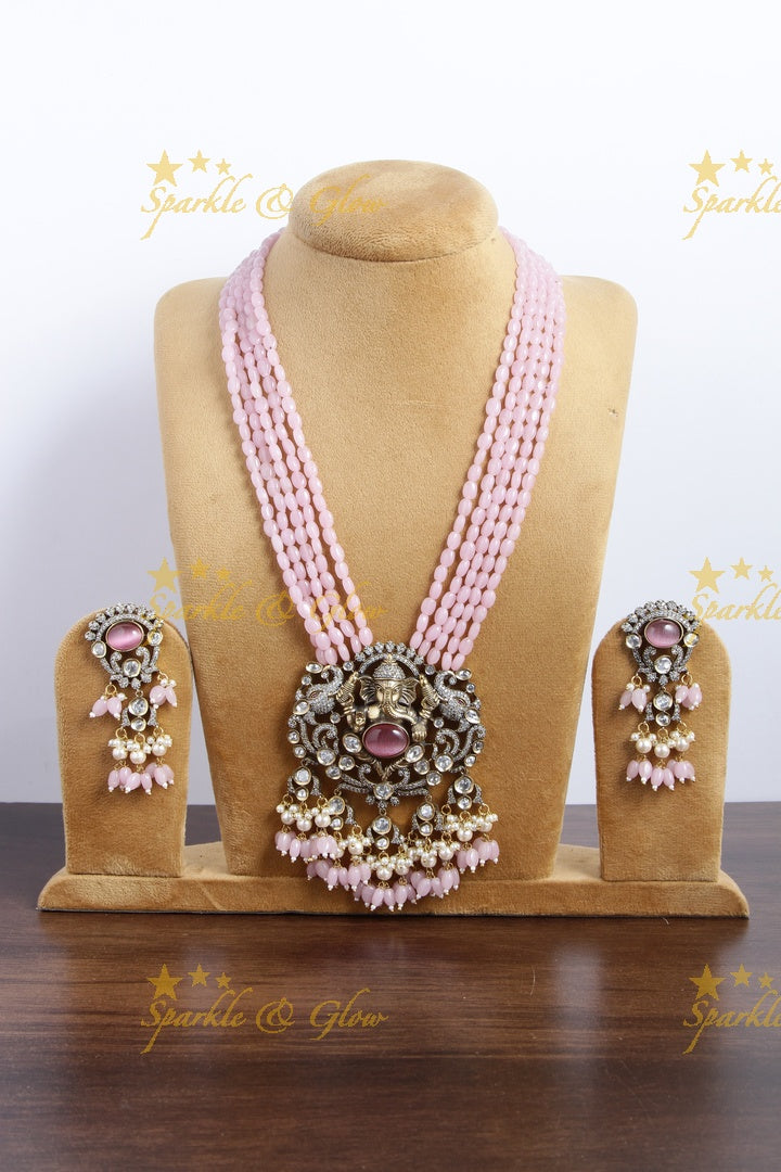 Peacock and Ganesha Carved Vicroian AD Beaded haram - Pink