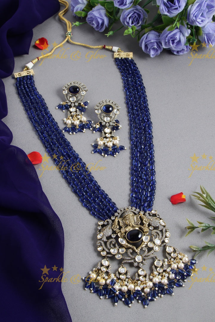 Peacock and Ganesha Carved Vicroian AD Beaded haram - Navy Blue