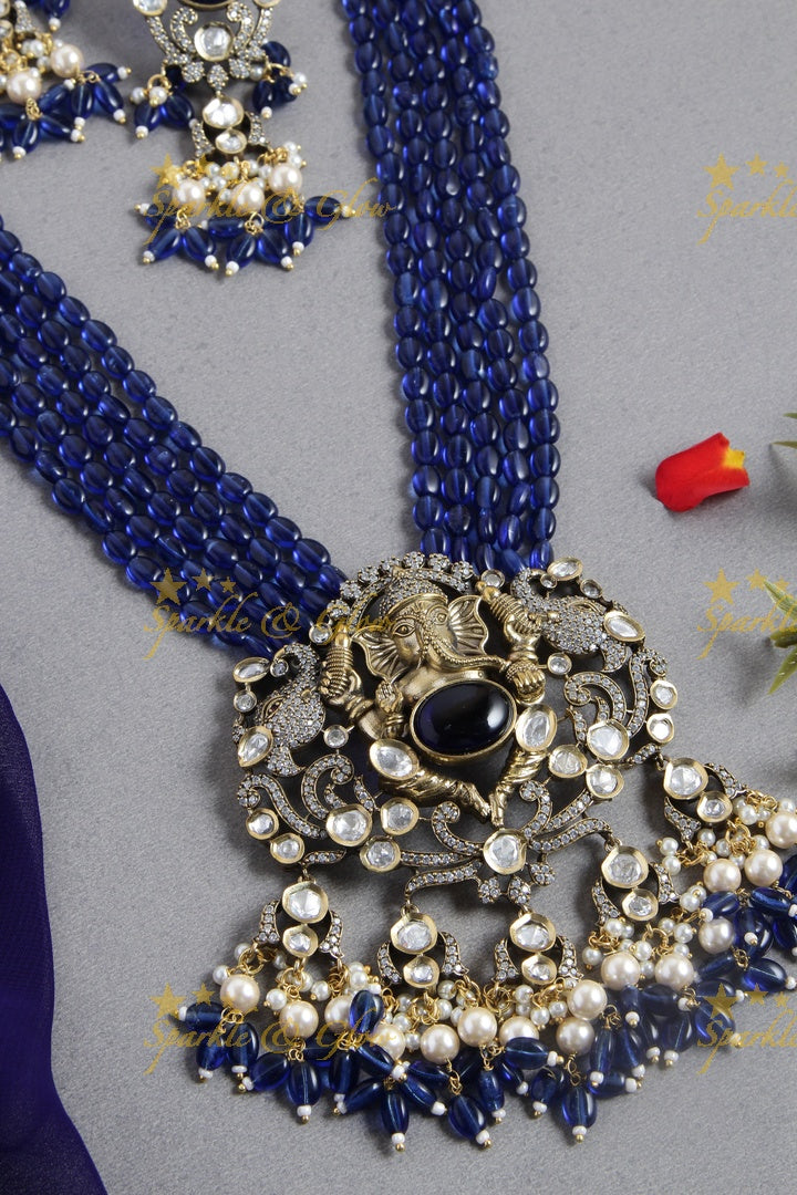 Peacock and Ganesha Carved Vicroian AD Beaded haram - Navy Blue