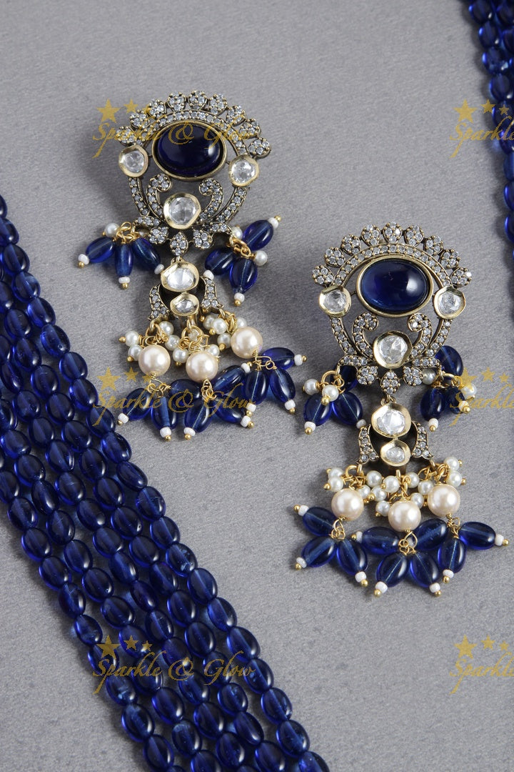Peacock and Ganesha Carved Vicroian AD Beaded haram - Navy Blue