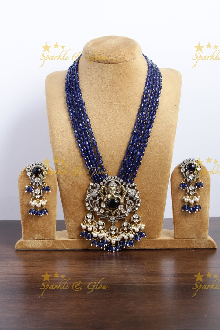 Peacock and Ganesha Carved Vicroian AD Beaded haram - Navy Blue