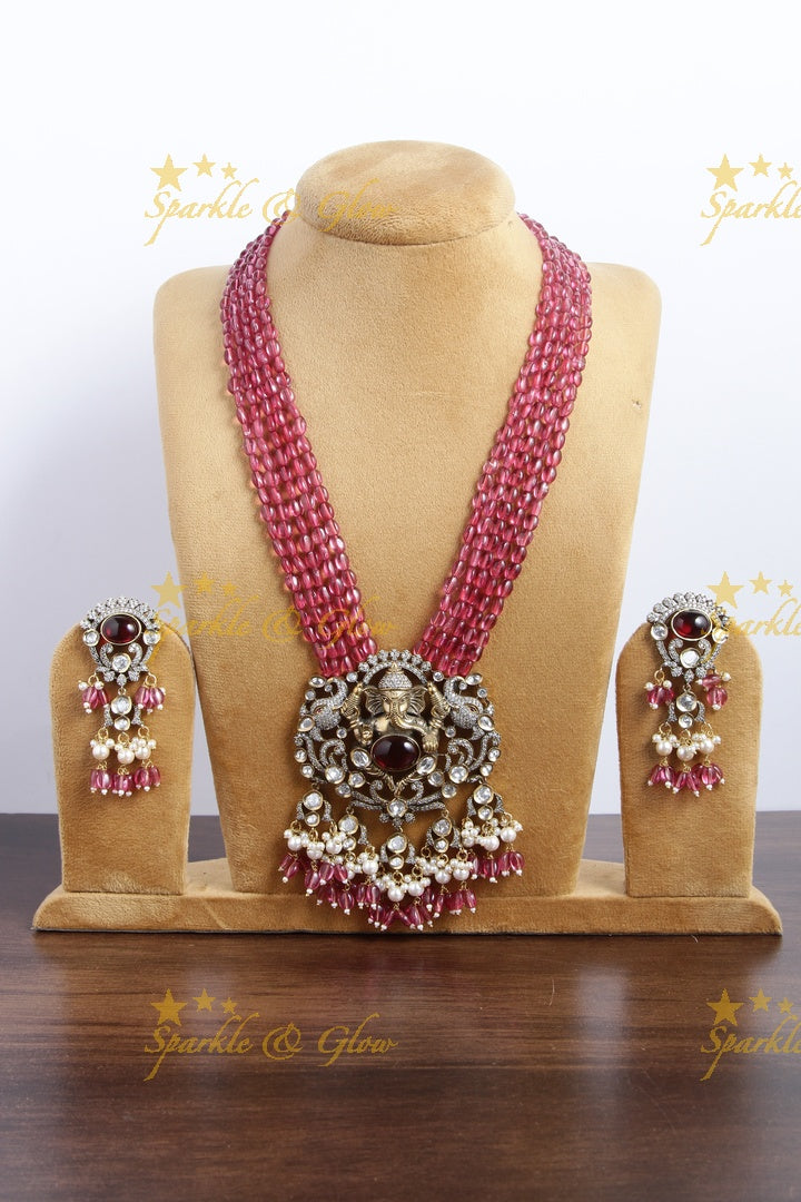 Peacock and Ganesha Carved Vicroian AD Beaded haram - Pink