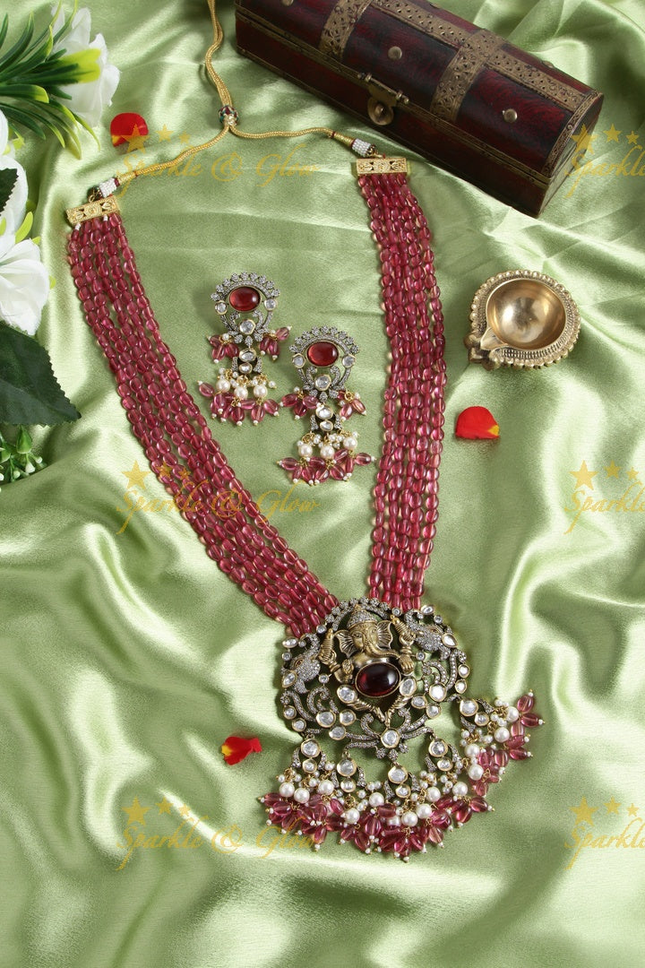 Peacock and Ganesha Carved Vicroian AD Beaded haram - Wine Pink