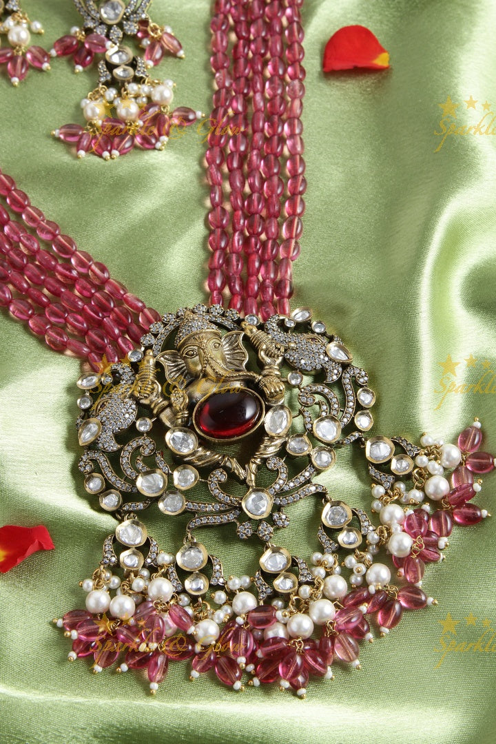 Peacock and Ganesha Carved Vicroian AD Beaded haram - Wine Pink