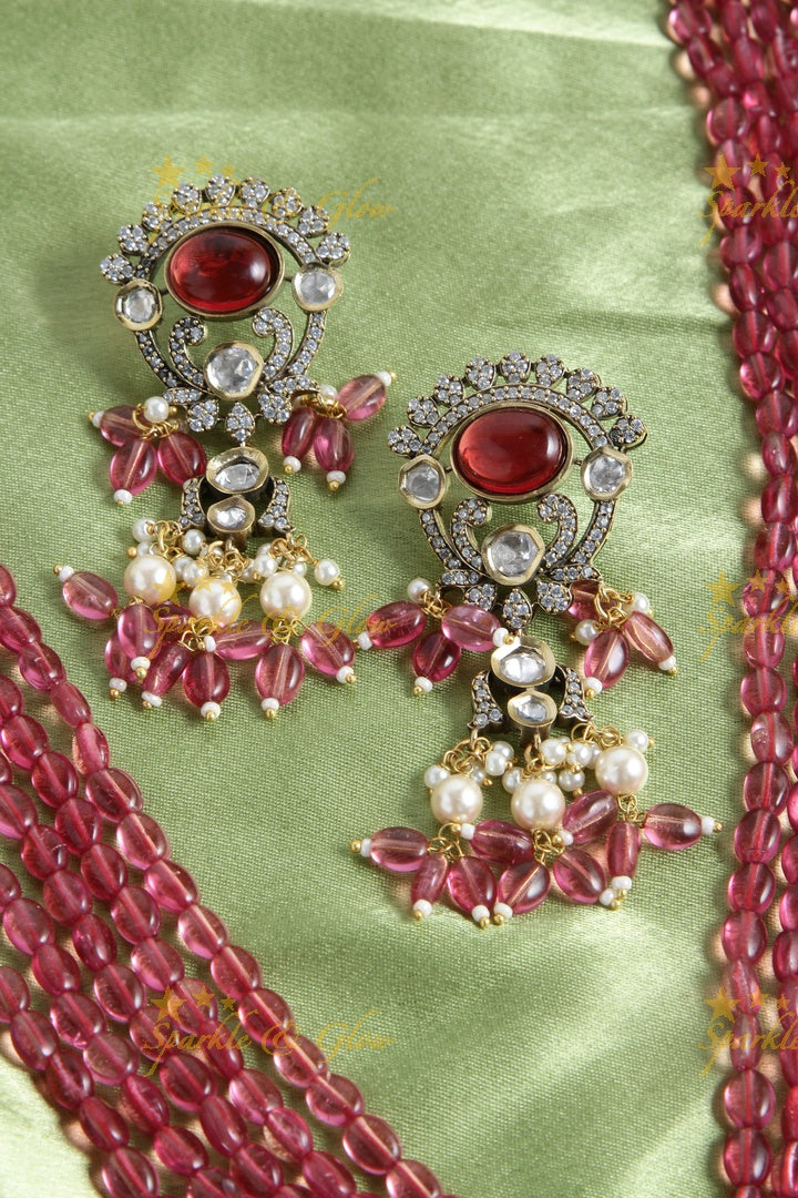 Peacock and Ganesha Carved Vicroian AD Beaded haram - Wine Pink