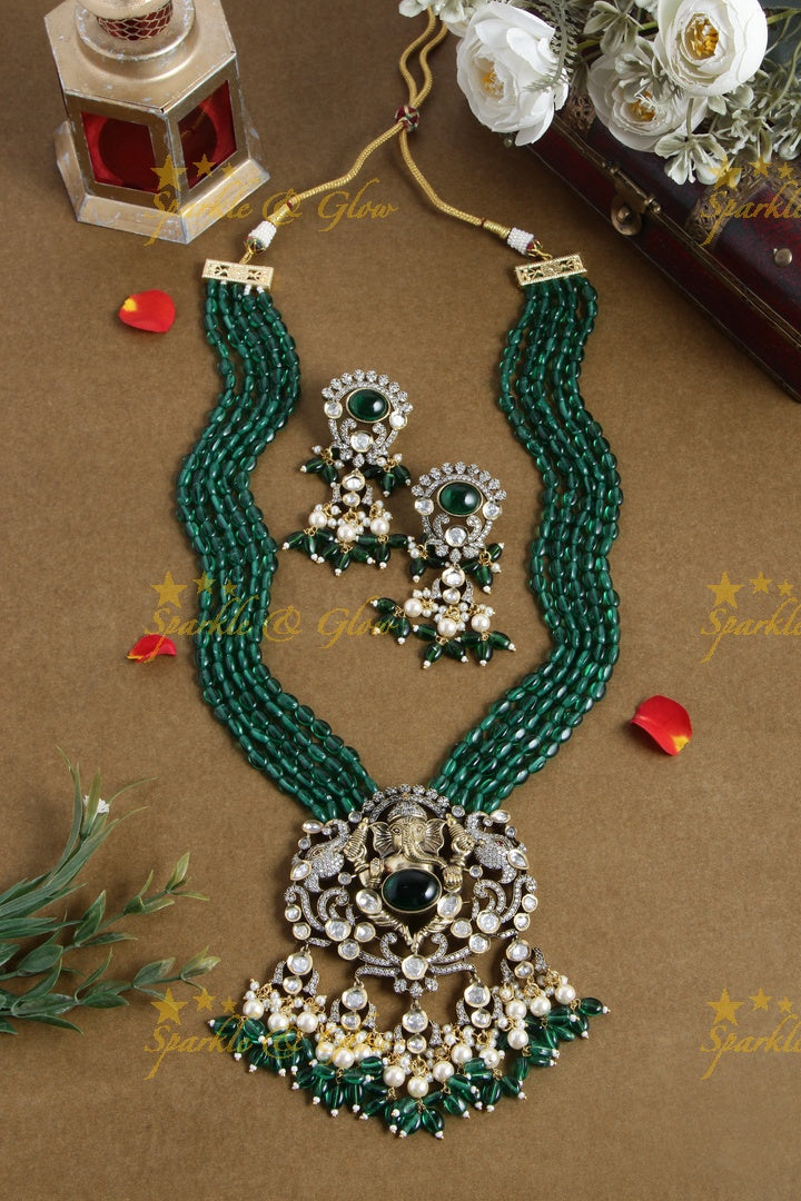 Peacock and Ganesha Carved Vicroian AD Beaded haram - Navy Blue