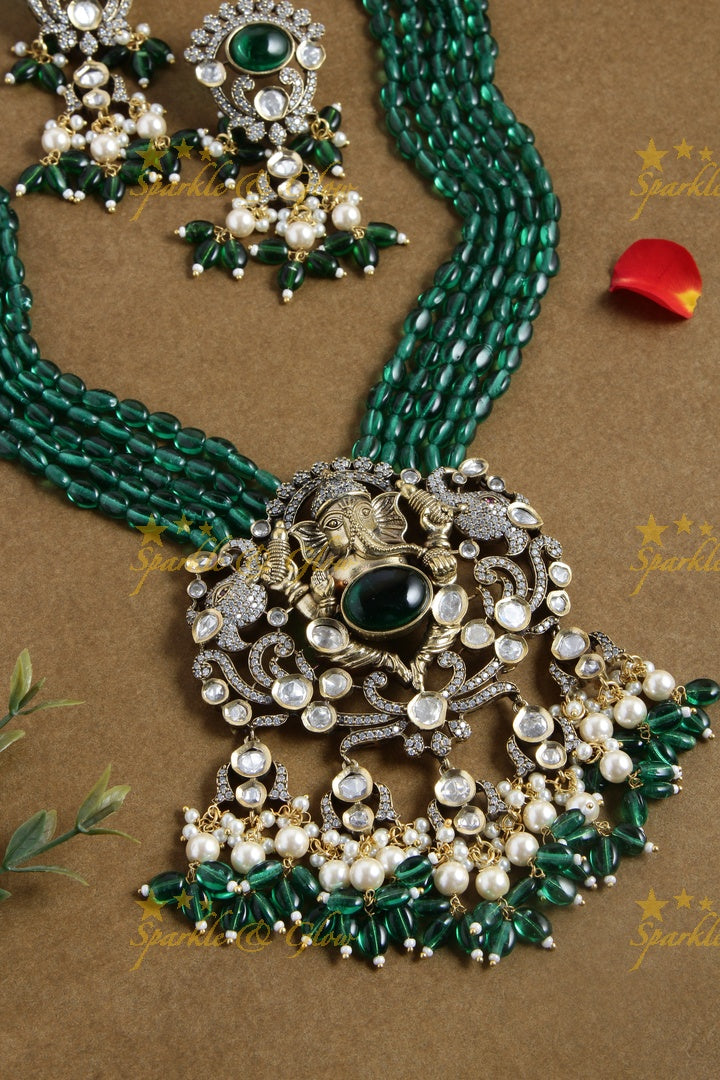 Peacock and Ganesha Carved Vicroian AD Beaded haram - Green