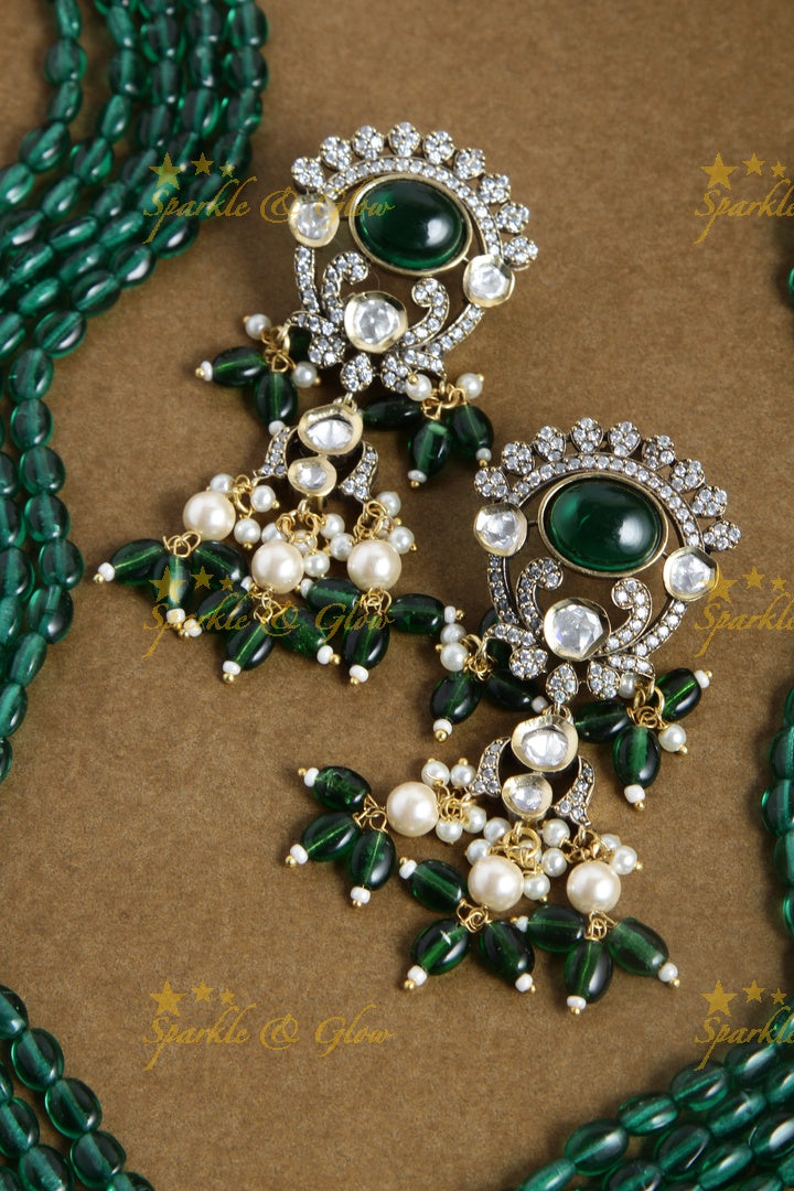 Peacock and Ganesha Carved Vicroian AD Beaded haram - Green