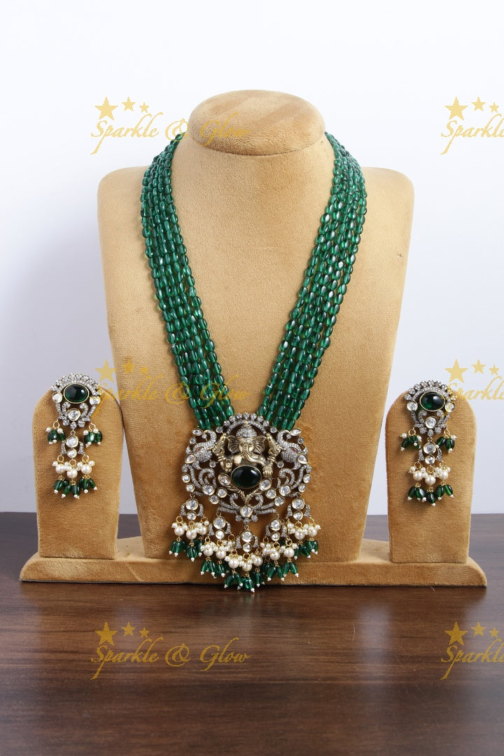Peacock and Ganesha Carved Vicroian AD Beaded haram - Green