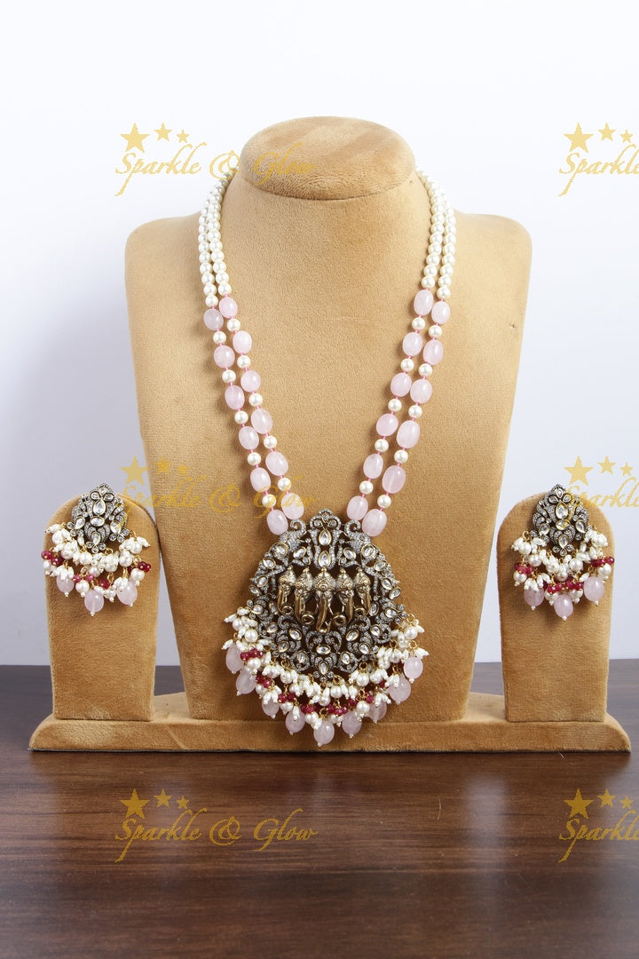 Five Elephant Carved Victorian AD beaded Haram - Pink
