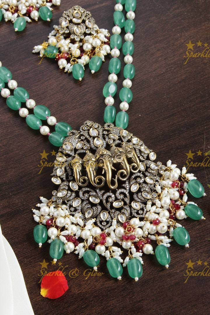 Five Elephant Carved Victorian AD beaded Haram - Green