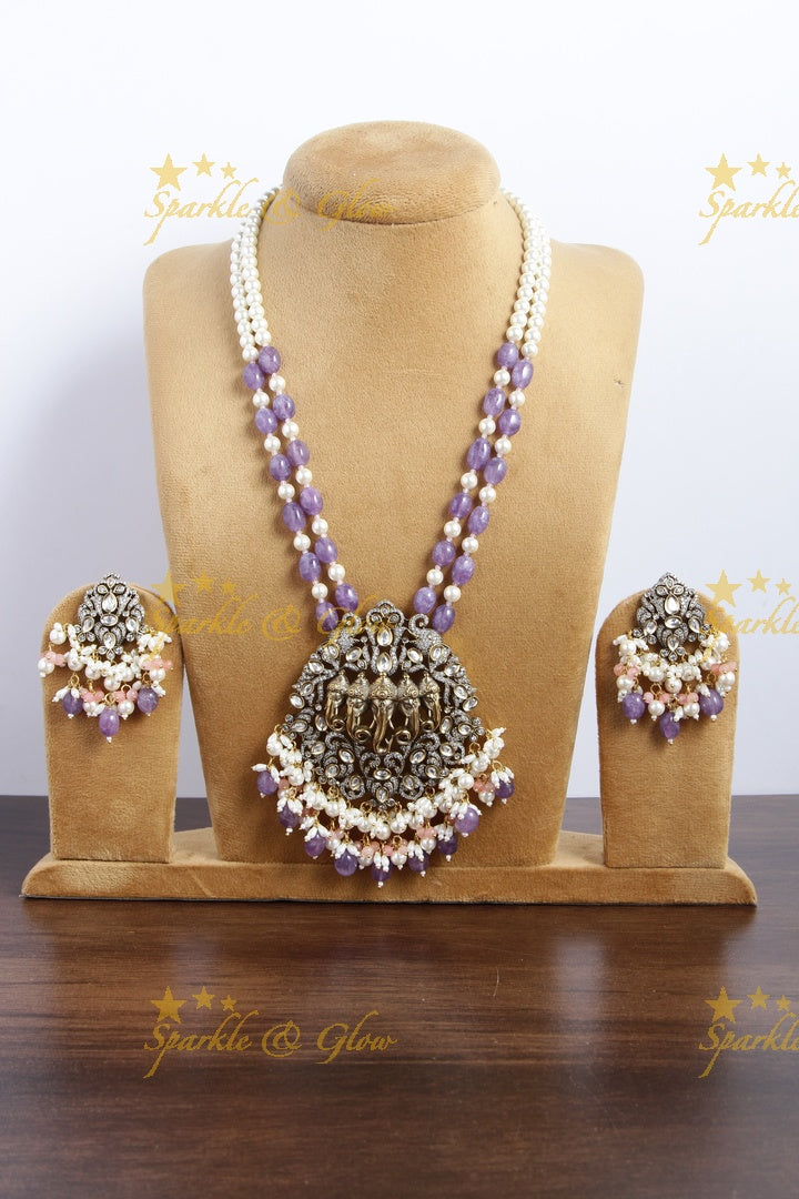 Five Elephant Carved Victorian AD beaded Haram - Purple