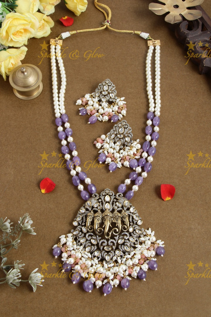Five Elephant Carved Victorian AD beaded Haram - Purple