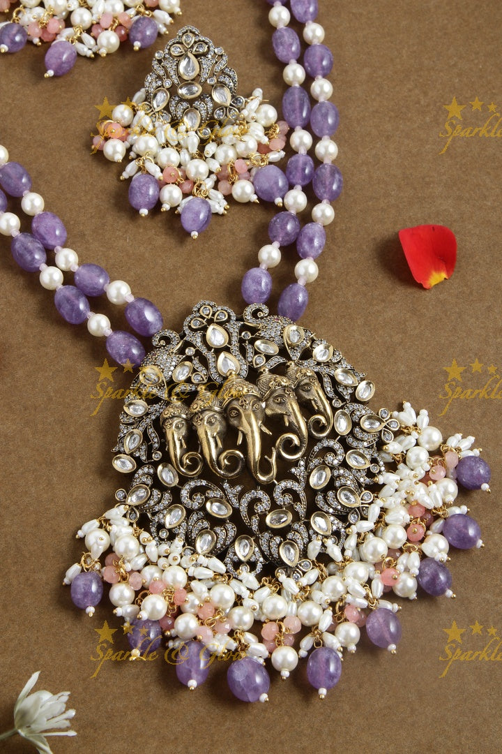 Five Elephant Carved Victorian AD beaded Haram - Purple
