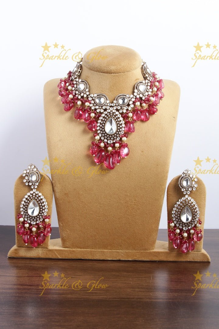 Statement victorian AD bridal necklace with mint green beads - Sparkle and Glow - Dark PInk - Back Chain