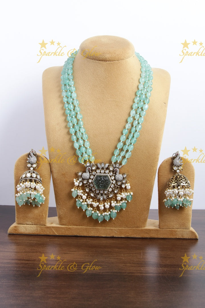 Peacock and carved natural stone Vicroian AD Beaded haram - Pink