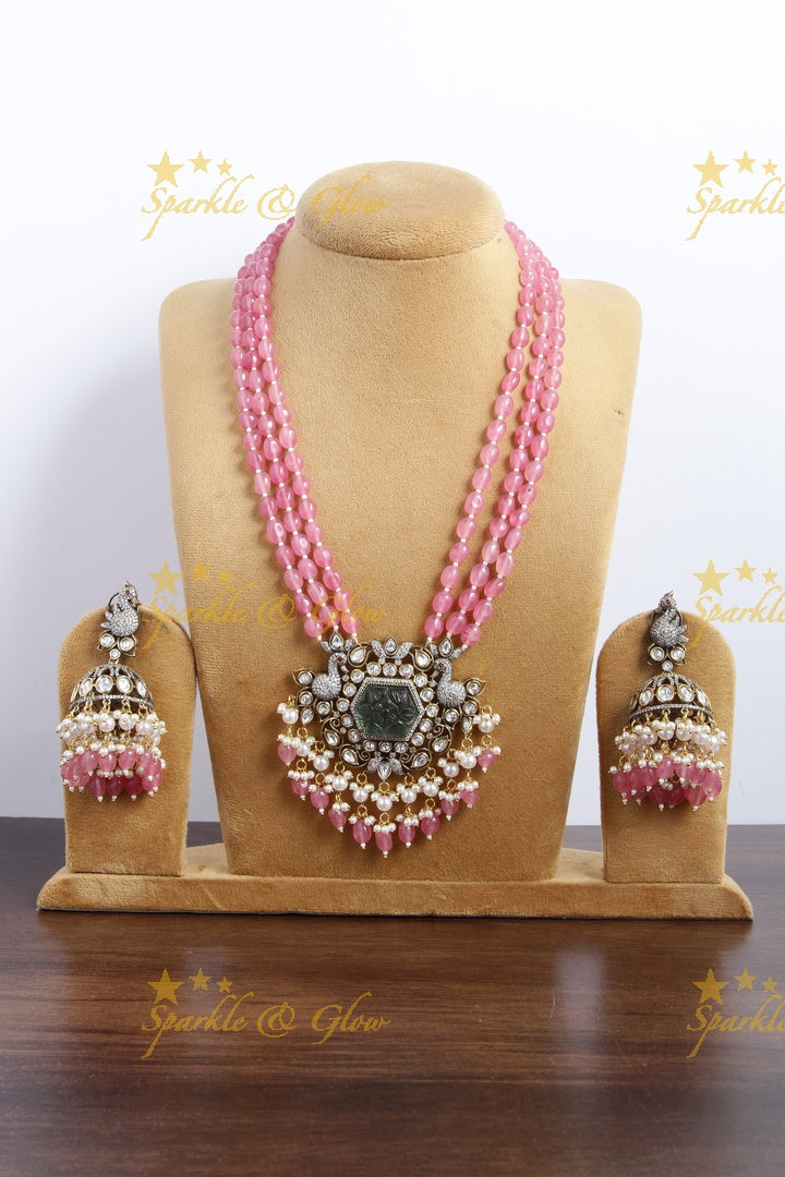 Peacock and carved natural stone Vicroian AD Beaded haram - Pink
