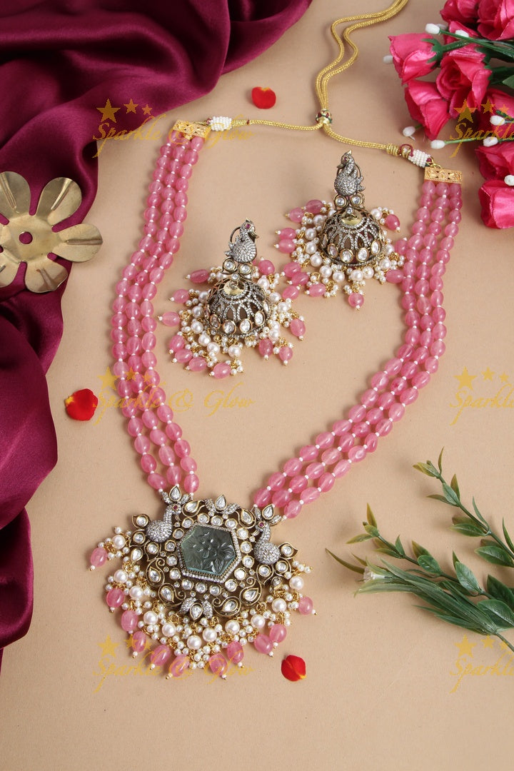 Peacock and carved natural stone Vicroian AD Beaded haram - Pink