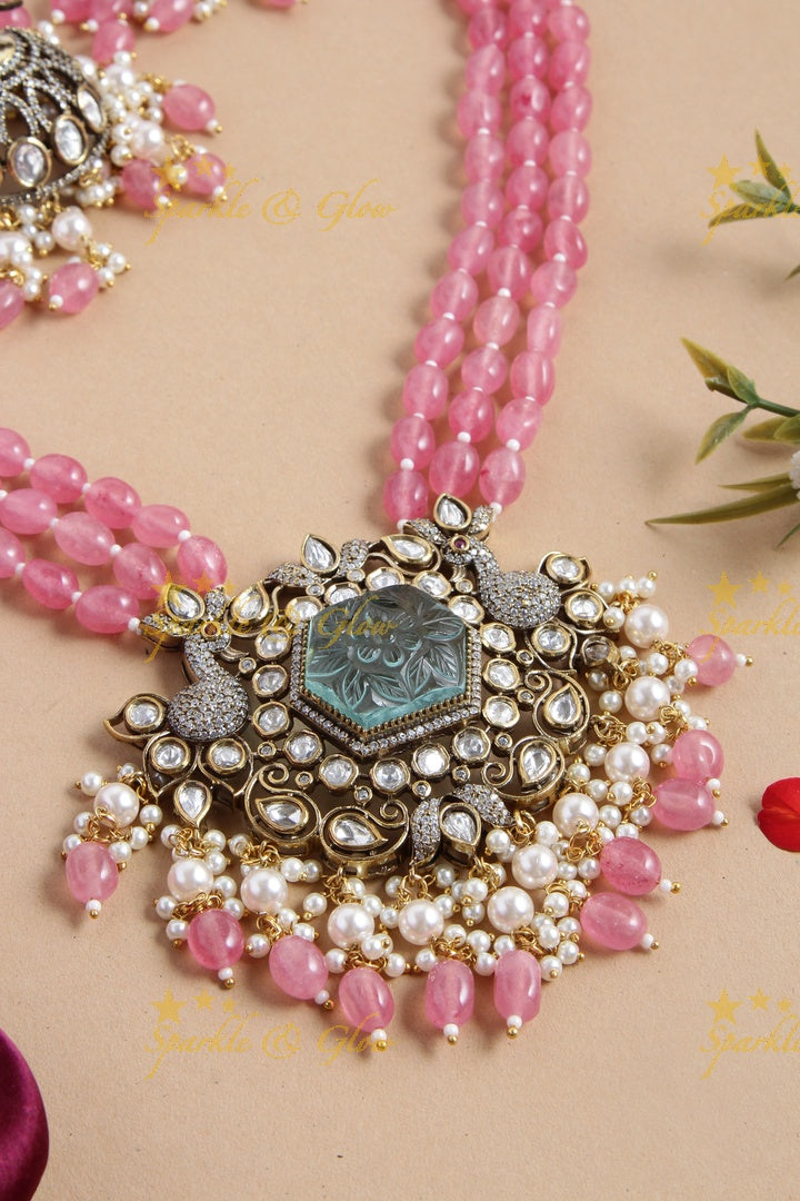 Peacock and carved natural stone Vicroian AD Beaded haram - Pink